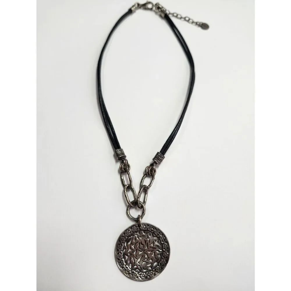 Silpada Sterling 925 Silver Black Leather Sunburst N1711 Necklace 16 in